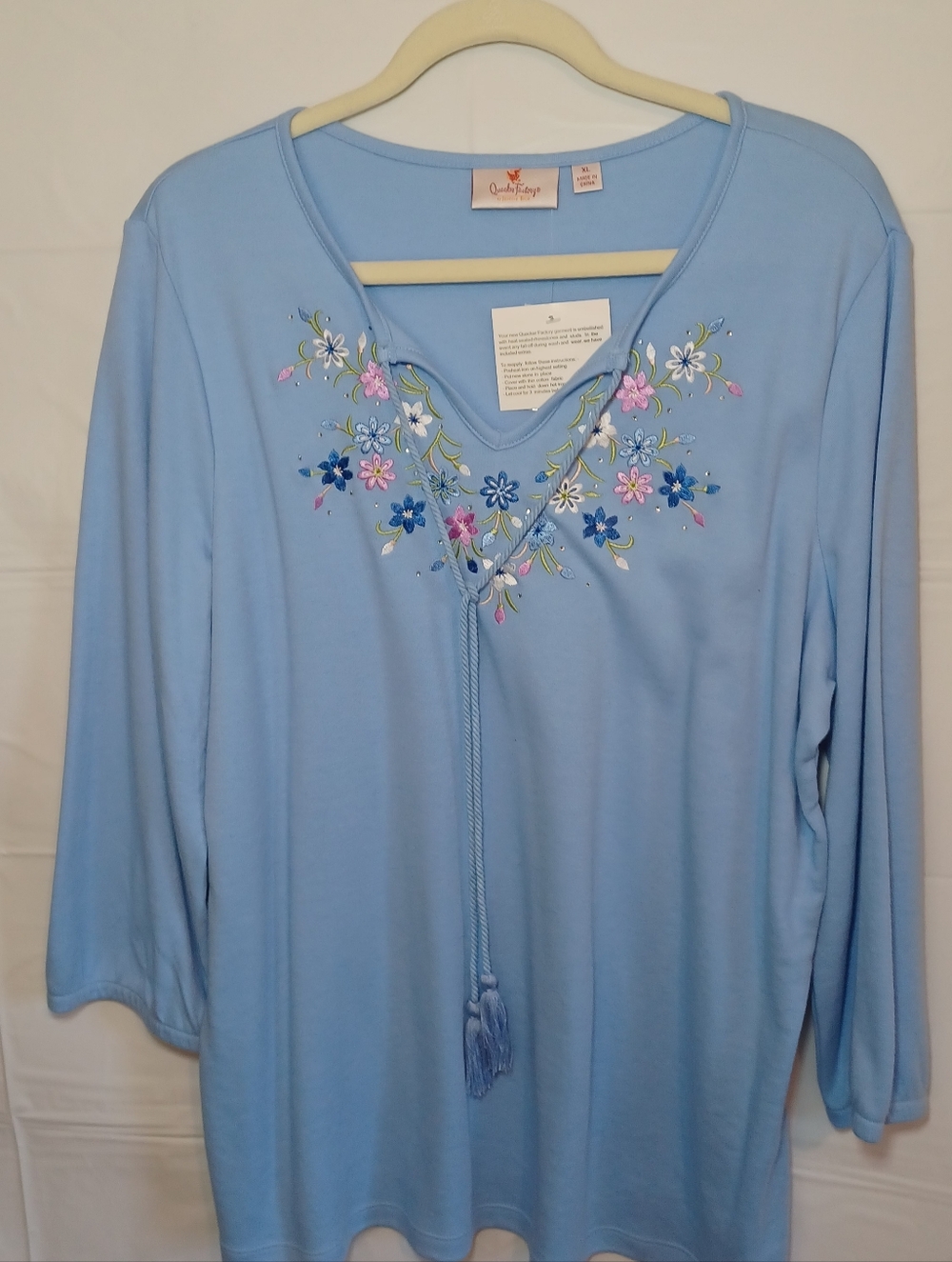 Quacker Factory  Sky Blue Embroidered V-Neck Tassel Tunic With 3/4 Sleeves